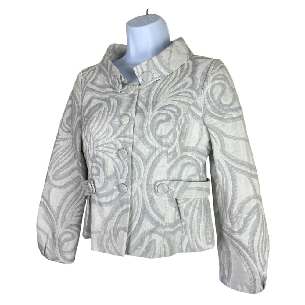 Anthropologie Tabitha Floral Cropped Peplum Jacket Metallic White Blue Size 2